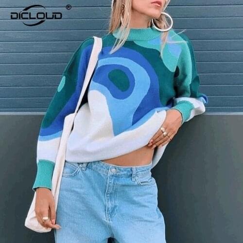 Ins Chic Girls Blue Jacquard Sweater Women Knit Pullovers Autumn Winter 2021 Thick Warm Oversized Jumper Femme Ladies Streetwear