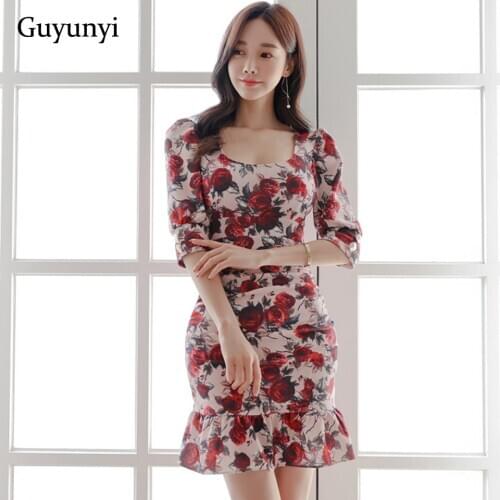 Elegant Flowers Dress 2021 Spring Low Cut Square Collar Half Sleeve Small Ruffled Lotus Leaf Hem High Waist Tight Dress Women