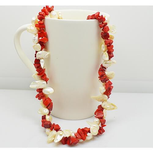 2rows real baroque pearl jewelry white color freshwater pearls red coral necklace nice for wedding birthday party gift