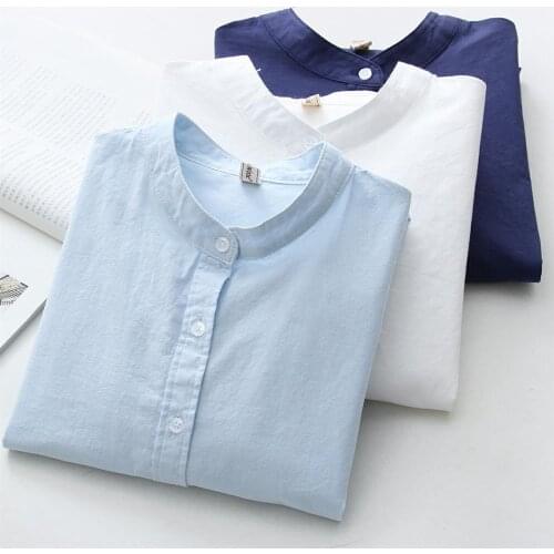 2021 Autumn Womens Long Sleeve Solid Color Shirts Woman Elegant Office Work Blouses Female Casual Cotton Stand Collar Tops Q582