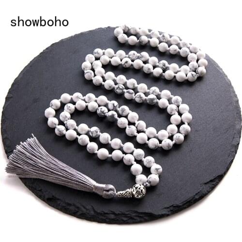 8mm Howlite Beaded Knotted Mala Necklace Meditation Yoga Blessing Jewelry 108 Japamala Tibetan Rosary Tassel Pendant