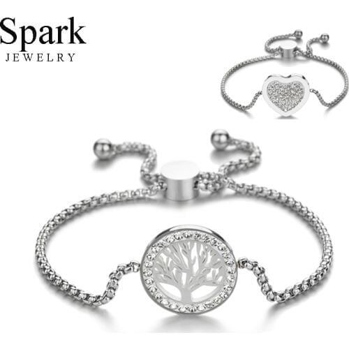 Spark Adjustable Hollow Tree Of Life Bracelet Stainless Steel Crystal Heart Charm Bracelets For Women Birthday Gift Dropshipping