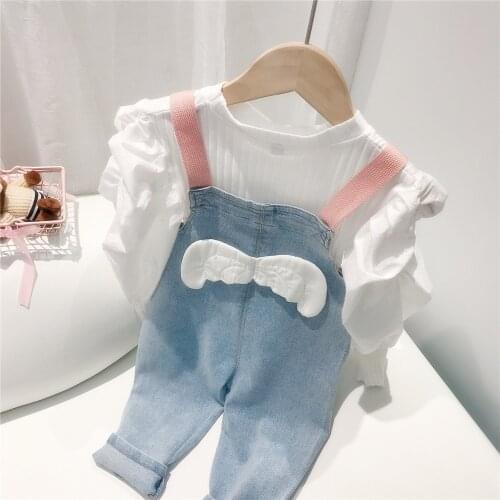 Newborn Baby Girls Suspenders Trousers+Puff Long Sleeve Top 2Pcs Fashion Kids Children Clothes Set Denim Jeans Pants Shirt Suits