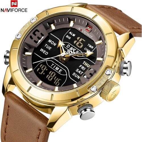 NAVIFORCE Gold Color Watches Men’s Top Luxury Brand Men Leather Quartz Analog Clock Waterproof Chronograph Military Wrist Watch