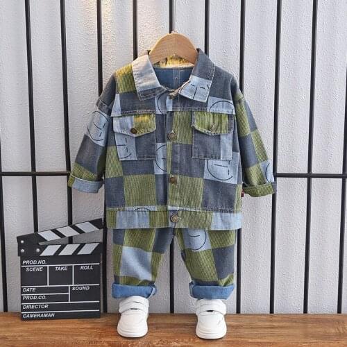 Childrens suit autumn new fashion camouflage Plaid printing boys and girls button cardigan Lapel long sleeve top two piece set