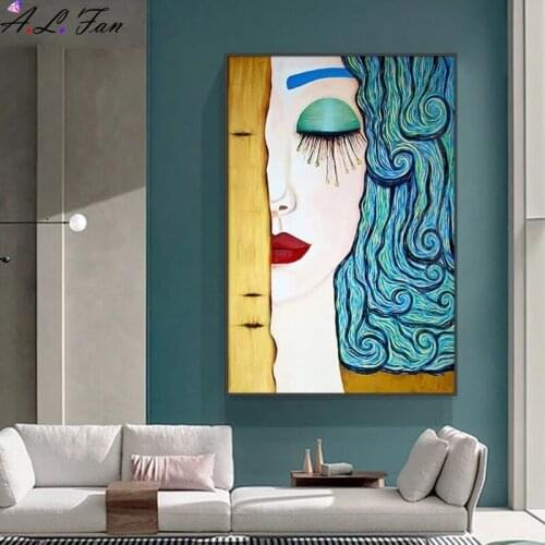 Golden tears canvas painting retro character modern golden blue poster home decoration wall art bedroom frameless painting