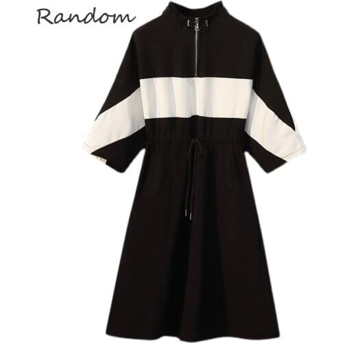 Plus Size Sport Cotton Dress Women 2021 Black White Stripe Contrast Casual Dress Sweatershirt Knee Zip Stand Collar Dresses