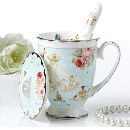 China Afternoon Teacup Ceramic Coffee Mug With Lid and Spoon Creative Porcelain Breakfast Milk Cup Drinkware