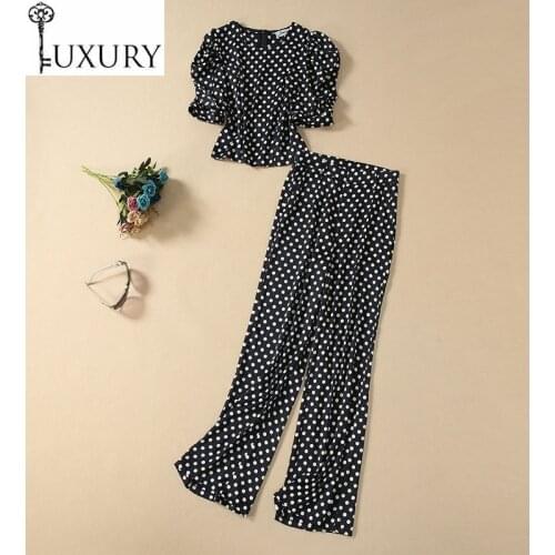 2020 Set Two Piece Spring Summer Designer Clothing Women Polka Dot Print Tops Tees+Full Length Pant Sets & Suits Female
