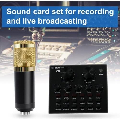 BLUELANS 1 Set V8+BM800 Condenser Microphone Foldable Low Noise Portable Studio Recording Mic Sound Card for KTV
