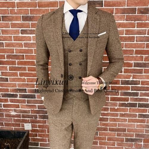 Brown Herringbone Suit Designer Costume Mariage Homme Party Suits Tuxedo Groom Wedding Men Suit Trajes De Hombre Para Fiesta