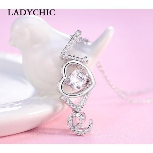 LADYCHIC Fashion Crystal LOVE Characters Necklace Square Zircon within Heart Shiny Pendant Jewelry Wholesale for Women LN1119