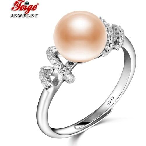Real 925 Sterling Silver Rings for Women Anniversary Fine Jewelry Gifts 8-9MM Pink Freshwater Pearl Cubic Zirconia Rings FEIGE