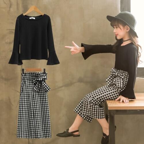 2020 new Kids Girls Clothes Sets Long Sleeve T-shirts + Plaid Wide Leg Pants Autumn Children Teenager 5 6 7 8 9 10 11 12 Years