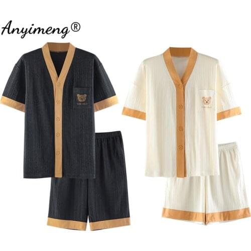 Couple Pajamas Japanese Kimono Style Night Pijamas Texture Cotton Short Sleeved Button Cardigan Pijamas Bear Printing Couple Pjs