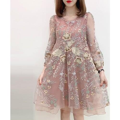 Spring Fall Women Ladies Sweet Embroidery Flower Lantern Sleeve Dress , Big Bow A Line 4xl 5xl Loose Dresses for Woman