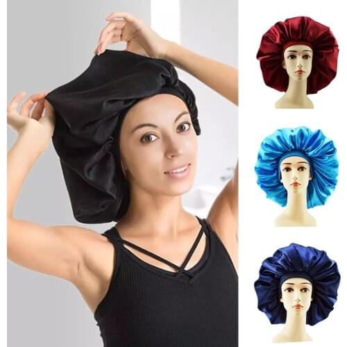 Plus Size Satin Silky Bonnet Sleep Night Cap Waterproof Head Cover Bonnet Hat for Curly Springy Hair Shower Caps RERI889