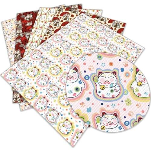 Lucky Cat Cartoon Printed Faux Leather Sheets Lychee Bottom Synthetic Fabric for DIY Hair Bows Earrings Craft 22*30cm
