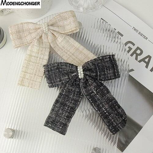 Temperament Plaid Dot Pearl Barrette Bow For Women Girl Solid Color Cloth Big Hair Clip Hairpin Knot Headwear Hair Accessories