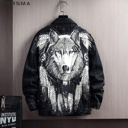VERSMA Japanese Vintage Wolf Sequined Denim Jacket Men Spring Streetwear Ripped Embroidery Denim Jeans Men Jacket Dropshipping