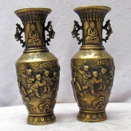 High 19 CM!!! Collectible Chinese Old Bronze Carved More children Vase /Antique Vases