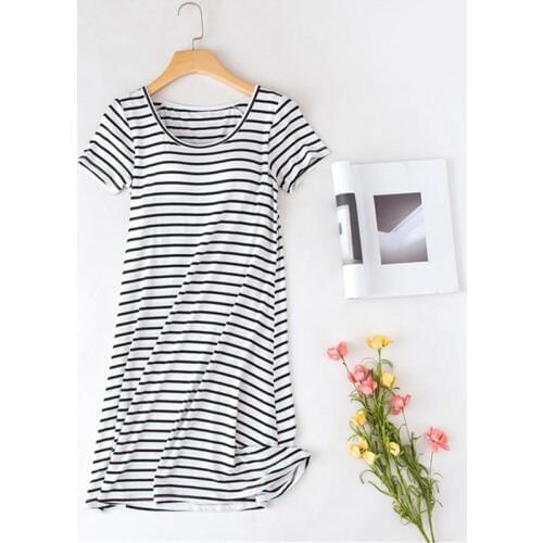 Ladies Sleepwear With Bra Short Sleeve Long Loose Intimate Lingerie Home Clthes Sexy Nightwear Black-white Stripe Nightdress
