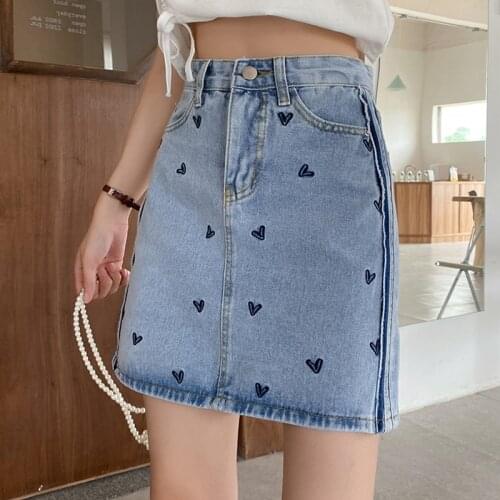 LY VAREY LIN New Summer Casual Female High Waist A-line Ladies Jeans Mini Skrit Women Retro Heart Print Blue Denim Short Skirts