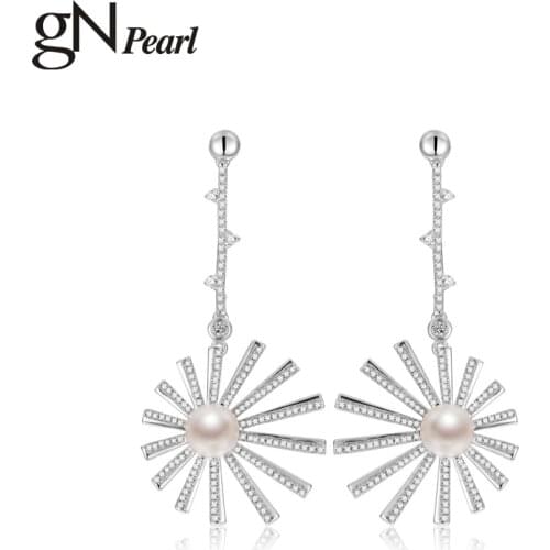 GN Pearl 8-9mm Natural Freshwater Pearl 925 Sterling Silver Fireworks Design Drop Line Earring Stud gNPearl Jewelry for Women