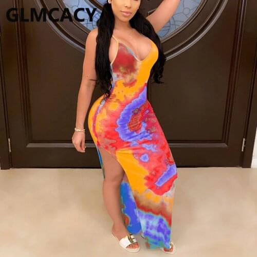 Women Tie Dye Printed Halter Backless High Slit Bodycon Maxi Dress Sexy & Club Stretch Slim Party Dresses