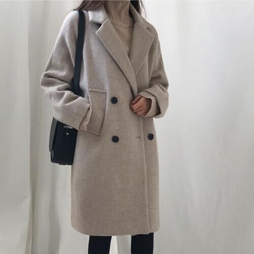 Winter Women Fashion Wool Blends Double Breasted Loose Coat Casual Elegant Solid Thick Femme Cashmere Overcoat