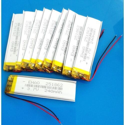 Wholesale 10 pcs 251862 3.7V 240mAh Rechargeable battery lipo polymer lithium batteries for MP3 GPS bluetooth recorder headset