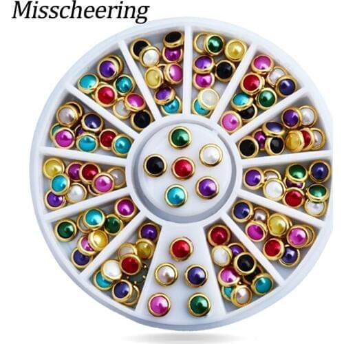 4mm Colorful Glitter 3D Nail Rhinestone Pearls in Wheel Gold Metal Studs DIY Beauty Manicure UV Gel Polish Nail Art Decorations