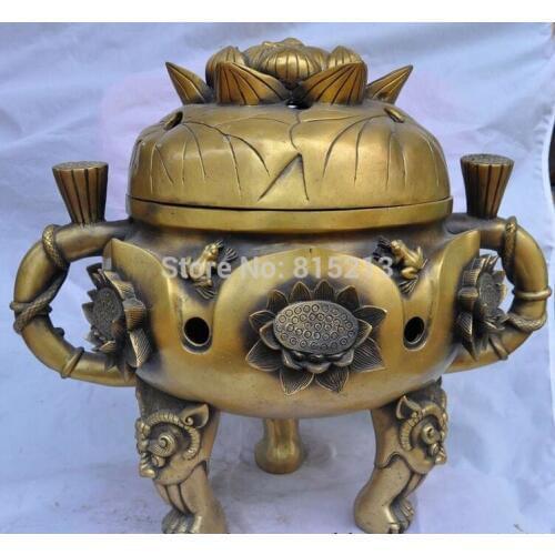 Bi00740 17" Tibet Bronze Buddhism Turtle Frog Lotus Statue Lion Incense Burner Censer