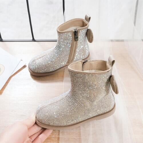 Girls Rhinestone Cystal Boots Short Sparkle Glitter Shiny Shoes Party Khaki Shoes for Winter Christmas New Years Gift Shoes