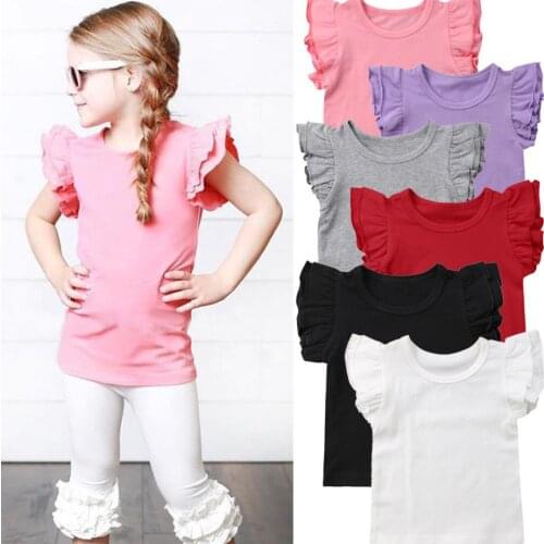 Newborn Baby Girl Fly Sleeve T-shirt Cotton Solid Color Round Neck Casual T-Shirts Top Summer Kids Clothing