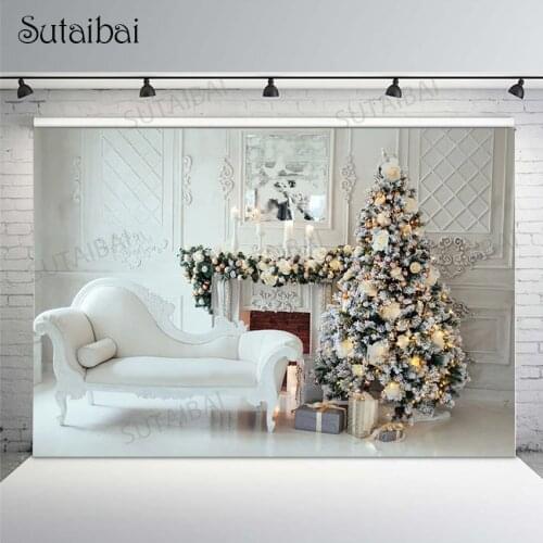 Christmas Tree Fireplace Photography Backdrop White Sofa Gifts Photo Backgound Studio X-mas Family Party Decoration Supplies