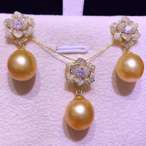 HENGSHENG 10-11mm Drop Shape Natural-Ocean Golden Pearls Jewelry Set 925 Sterling Silver Earring/Pendant Luxury Gifts For Women