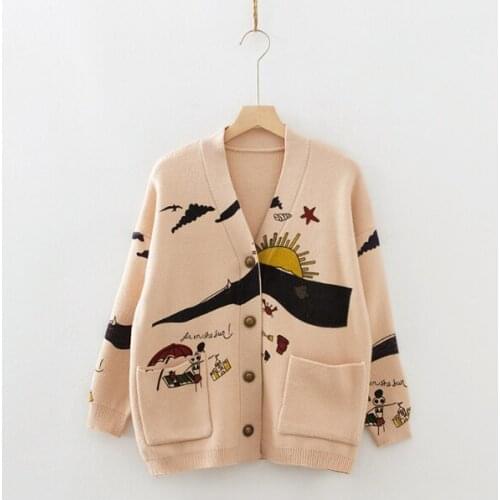 Cardigan Sweater Womens Autumn And Winter New Loose Cute Print Joker Long Sleeve Womens Knitted Jacket Sweaters Oversize 2021