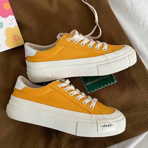 Canvas Sneakers Woman Vulcanized Shoes Yellow 2021 Spring New Trendy Skateboard Casual Shoes Flats Ladies Platform Sneaker