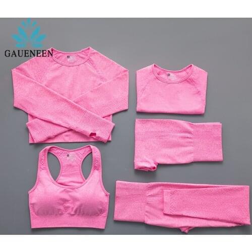 GAUENEEN 5 Piece Set Seamless Yoga Set Sportswear Gym Clothing Sports Bra Shorts Crop Top Leggings Workout Clothes for Women