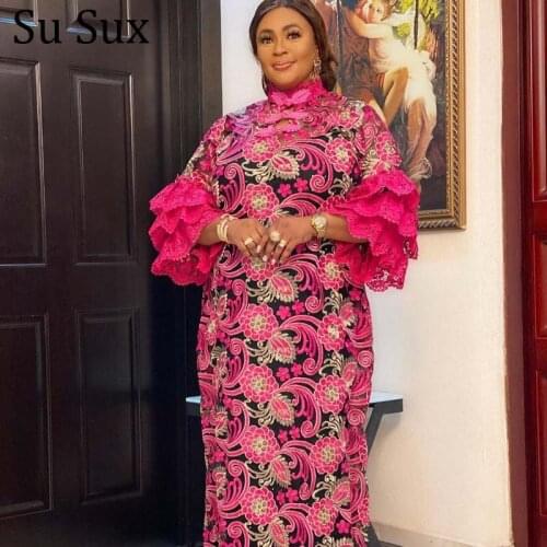 Lace Embroidery African Dresses For Women Plus Size African Clothes Flare Sleeve Maxi Dress Evening Party High Quality 2021