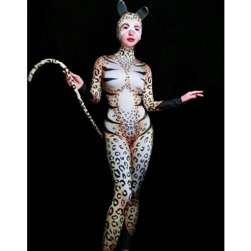 Cute Cat Mascot Jumpsuit Headdress Two Pieces Set Womens Stage Costume Bar DS Dance Cosplay Bodysuit Performance Show Wear