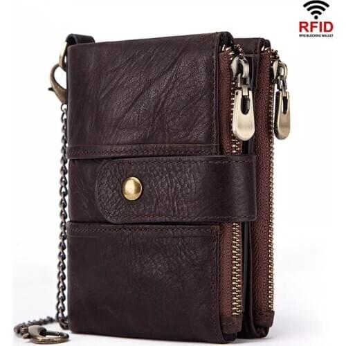 Mens Zipper Hasp Wallet Crazy Horse Genuine Leather RFID Blocked Vintage Chain Wallets Multi Function Casual Purse Card Holder