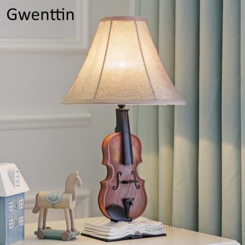 Violin Table Lamps Led Stand Lights for Children Kids Bedroom Bedside Lamp Modern Fabric Standing Lights Home Decor Luminaire