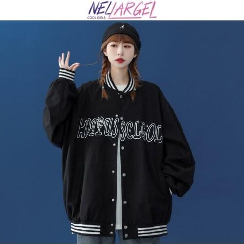 NELLARGEL Women Vintage Baseball Varsity Jacket 2021 Female Y2k Oversized Streetwear Windbreaker Girl Japanese Kpop Kawaii Coats