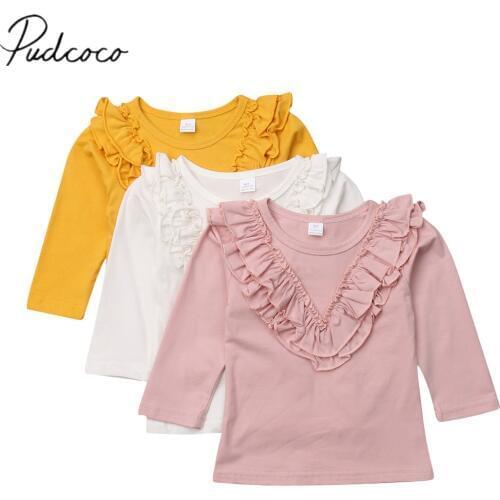 2018 Brand New Infant Baby Girls Clothes T-Shirt Autumn Causal Tops Ruffles Long Sleeve Solid Pullover Cotton Tops Clothes 6M-5Y