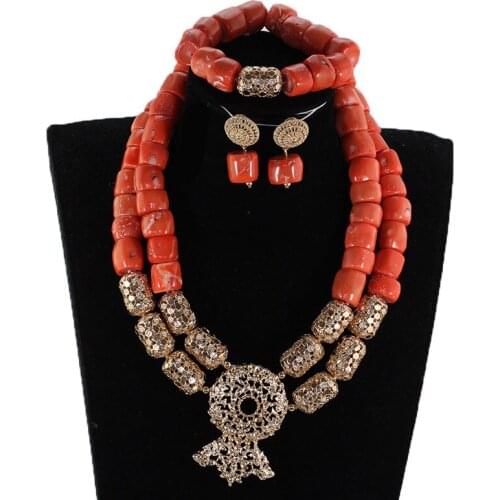 New Chunky Coral Beads Jewelry Set African Dubai Gold Pendant Bridal Necklace Set Women Costume Jewelry Set Real Coral NCL716