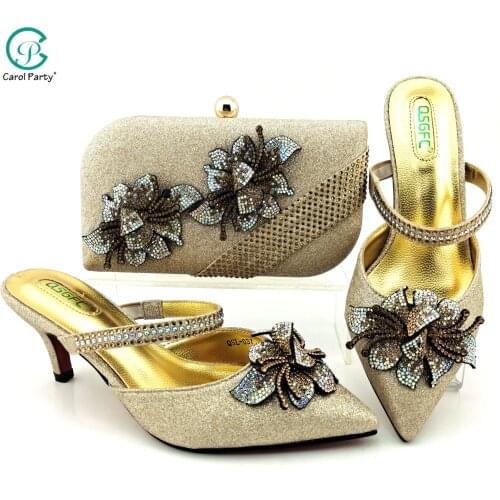 New African Elegant Gold Color Shoes And Bag To Match Set Nigerian High Heels Party Shoes And Bag Set For Wedding Dress