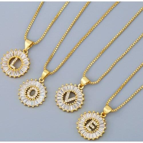 New Crystal Jewerly Round Pave Copper Zircon 26 English Letter Necklaces for Women Pendants