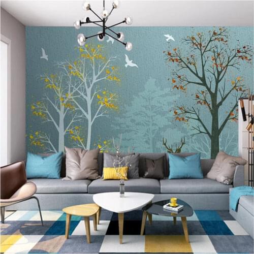 Home Improvement Wall Paper Nordic Hand-painted Deer Woods Landscape Mural Wallpaper 3D Modern Minimalist Background Wall Murals